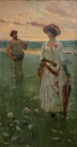 null David GIRIN (1847-1917)
« Élégante et pêcheur, circa 1890 »
Huile sur toile.
Signée...