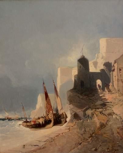 null Eugène DESHAYES (1828-1890)
« Bateau méditerranéen échoué près d'une côte orientale,...