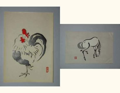null JAPON
Quatre estampes d'Aoyama et de Girin, représentant des chevaux et un coq....