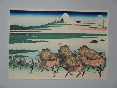 null JAPON
Estampe de Hokusai, série des 36 vues du Fuji, des paysans dans la province...