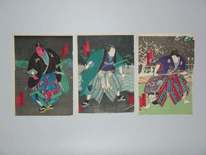 null JAPON
Trois estampes de Yoshitaki, des acteurs sur scène.
Vers 1860.
