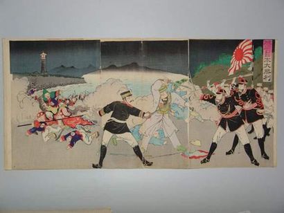 null JAPON
Estampe de Nobukazu, triptyque, scène de la guerre sino-japonaise.
18...