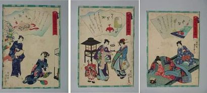 null JAPON
Trois estampes de Kunisada II, série du prince Genji.
Vers 1855.