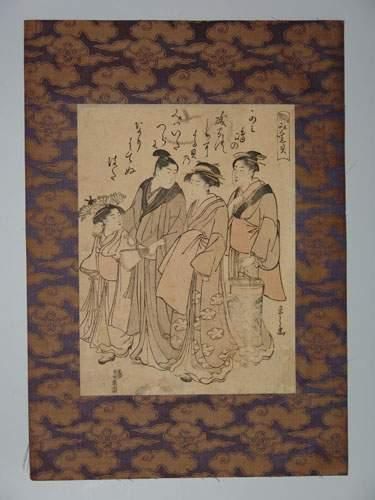 null JAPON
Estampe d'Eishi, trois femmes et un homme en promenade.
Vers 1786.
