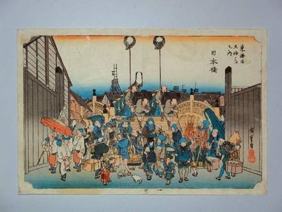 null JAPON
Estampe de Hiroshige, série de la grande Tokaido, station 1 Niboubashi.
Vers...