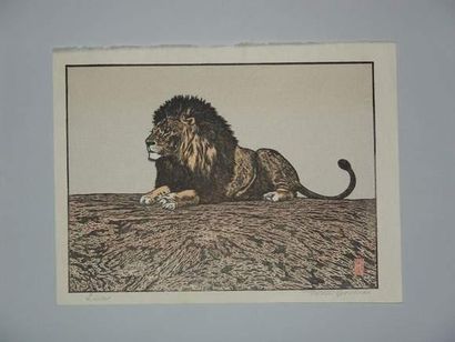 null JAPON
Estampe de Toshi Yoshida, un lion assis.
Vers 1950.