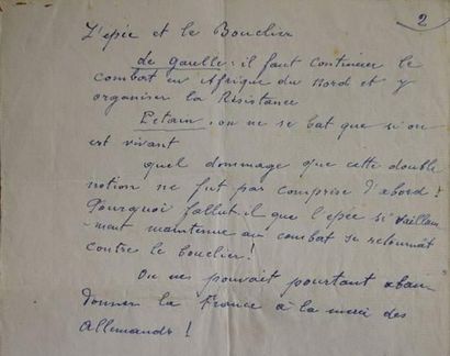 null PÉTAIN Philippe (1856-1951) . - Manuscrit autographe « L'épée et le bouclier...