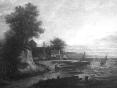 null École ANGLAISE XIXe siècle
« Paysage de bord de mer au soleil couchant »
Huile...