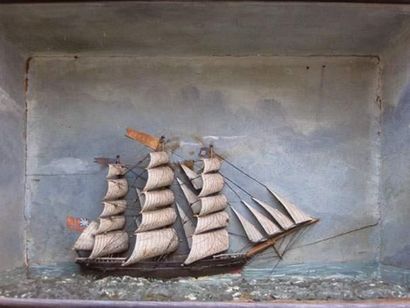 null Diorama du trois-mâts anglais " LE BREEZE" sur une mer en mastic peint, voiles...