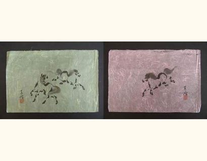 null JAPON
Deux peintures de l'école de Kyoto, chevaux sur papier coloré.
Vers 1...
