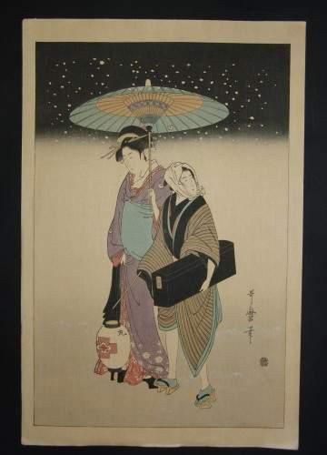 null JAPON
Estampe de Utamaro, un homme et une femme sous la neige.
Vers 1900.