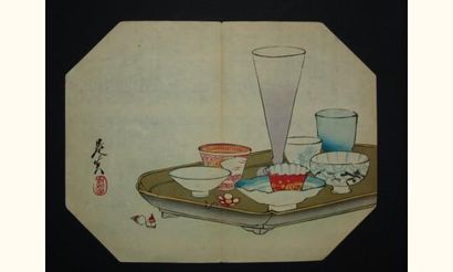 null JAPON
Estampe de Zeshin, uchiwa, divers bols sur un plateau
Vers 1870.