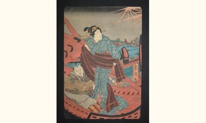 null JAPON
Estampe de Toyokuni III, une jeune femme noue son obi au bord d'un bateau...