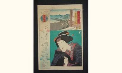null JAPON
Estampe de Toyokuni III, jeune femme en buste relevant la manche. 186...