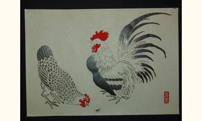 null JAPON
Estampe de Girin, coq et poule guettant un insecte. Vers 1930