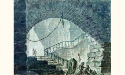 null Attribué à Hubert ROBERT (1733-1808)
« Soldats endormis au pied d'un escalier...