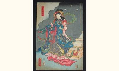 null JAPON
Estampe de Toyokuni III, une jeune femme tient un éventail. 1859.