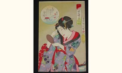 null JAPON
Estampe de Kunichika, jeune femme arrangeant son maquillage. 1890.