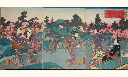 null JAPON
Estampe japonaise Toyokuni III, triptyque, jeunes femmes en promenade....