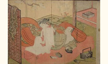 null JAPON
Estampe japonaise Harunobu, scène de tendresse entre une femme en kimono...