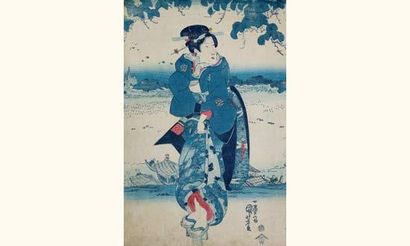 null JAPON
Estampe japonaise Kuniyoshi, une jeune femme debout au bord d'une rivière...