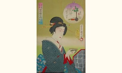 null JAPON
Estampe japonaise Kunichika, une jeune femme en buste tenant un bol de...
