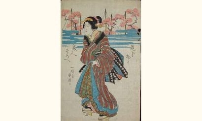 null JAPON
Estampe japonaise Yoshikane, une jeune femme en promenade. Vers 1850.