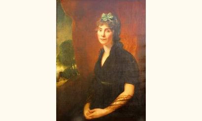 null École ANGLAISE du début du XIXe siècle
"Portrait de femme dans un paysage "
Huile...