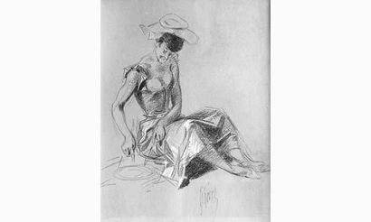 null Jules CHERET (1836-1933)
« Femme assise dessinant »
Fusain et rehauts de pastel,...
