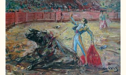 null Pedro CREIXAMS (1893-1965)
« Scène de tauromachie »
Huile sur toile.
Signée...