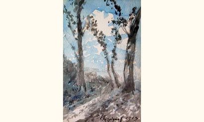 null Henri HARPIGNIES (1819-1916)
« Sous bois, 1913 »
Aquarelle, signée en bas à...