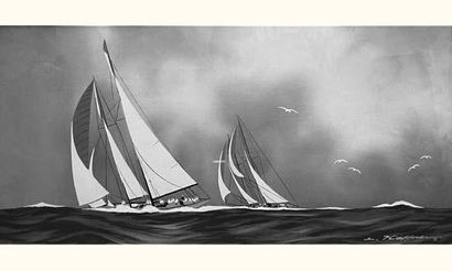 null Léon Haffner (1881-1972). Peintre de la marine.
Deux grands yachts en régate...