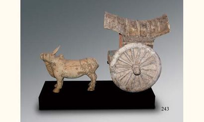 null TANG (618-907 ap. J.C
Buffle tirant un chariot aux grandes roues, en terre cuite...