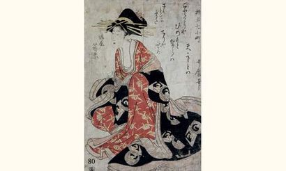 null JAPON
Estampe japonaise deUtamaro,une jeune femme assise en kimono brun,noir.vers...