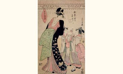 null JAPON
Estampe japonaise de Eishi, deux jeunes femmes jouant à la balle observées...