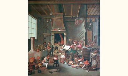 null Ecole FLAMANDE XVIIIe siècle
« Le laboratoire de l'alchimiste »
Huile sur toile
(Réentoilée).
82...