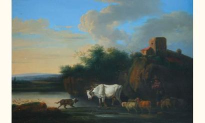 null Ecole FRANÇAISE de la fin du XVIIIème siècle
" Bergers avec vache, moutons et...