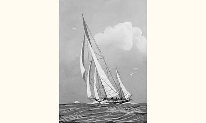 null Léon HAFFNER (1881-1972)
" Yawl au prés bon plein ".
Gouache au pochoir, signée...