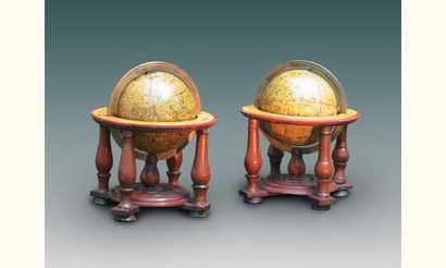 null Rare paire de globes "de poche" signés MALBY (c. 1840). Les sphères sont teintées...