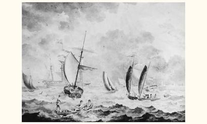 null Ecole HOLLANDAISE, début XIXe siècle.
" Scène de mer avec vaisseaux anglais...
