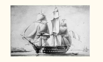 null A. DESAINT (1834)
" Vaisseau à trois ponts, sous voiles, avec d'autres embarcations...
