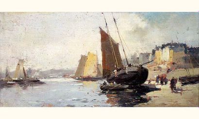 null Eugène GALIEN-LALOUE (1854-1941)
" Le port, barques sous voiles au sec ".
Huile...