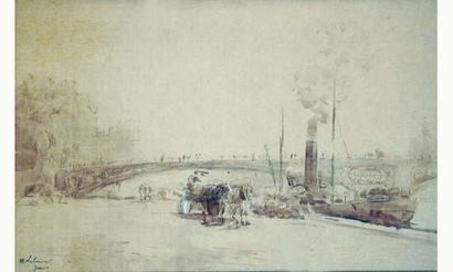 null * Albert LEBOURG (1849-1928)
" Pont des Invalides "
Lavis de sépia.
Signé en...