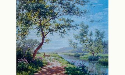 null René HIS (1877-1960)
" Bord de l'Eure "
Huile sur toile.
Signée en bas à droite.
46...