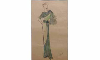 null LELONG, dessin crayon et pastel " Modèle d'une robe ", vers 1939.
