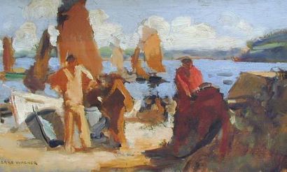 null Pierre WAGNER (1847-1943) 

« Marins au port »

Etude, huile sur panneau, cachet...