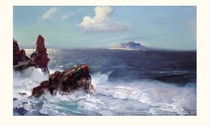  Jean-Louis PAGUENAUD (1876-1952) Peintre de la Marine « Côte sous la tempête » Huile...