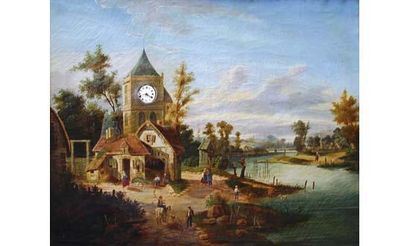 Tableau à horloge musicale du XIXe siècle « Paysage animé au bord de l'eau » Huile...
