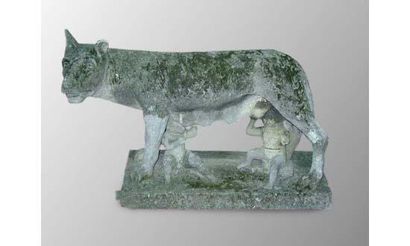 null Groupe en pierre calcaire, représentant la Louve de Rome, Romulus et Rémus....