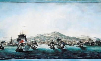 null ECOLE FRANÇAISE, XIXe siècle 
« Flotte alliée attaquant un port (Malte ?) »
Gravure...